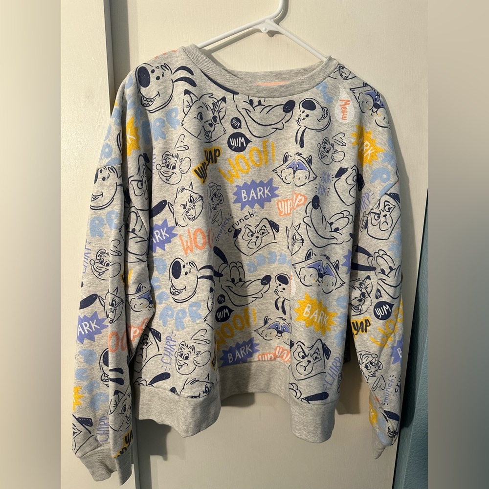 Disney Gray and Blue Crewneck Sweater with Cartoon Print